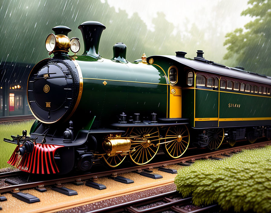 Vintage green steam locomotive with gold and black trim in rainy station scene