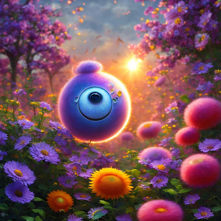 Colorful one-eyed creature in magical garden at sunset