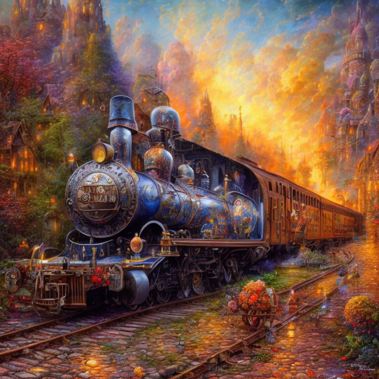 Vintage Blue Steam Locomotive in Vibrant Autumn Landscape