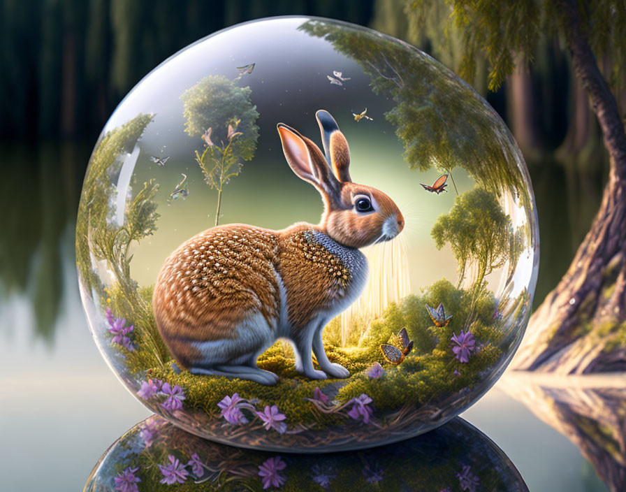 Surreal image: Rabbit in bubble with nature reflection