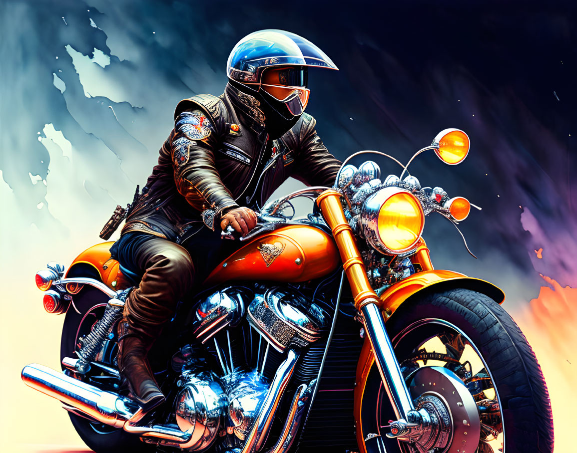 Motorcyclist in Full-Face Helmet Riding Chrome-Detailed Bike in Fiery Scene