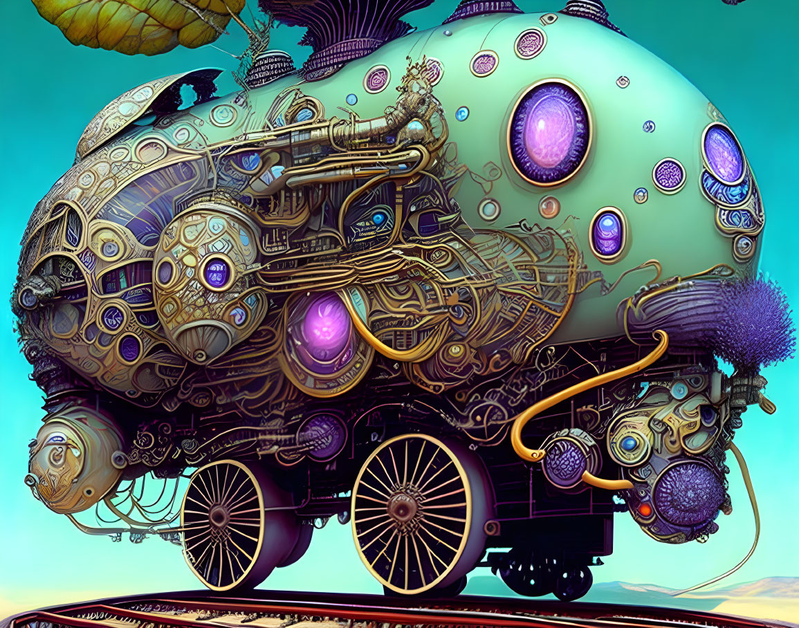 Colorful Steampunk Airship with Glowing Orbs in Blue Sky