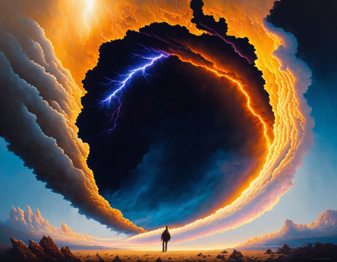 Figure by fiery portal with lightning and dark void in sky