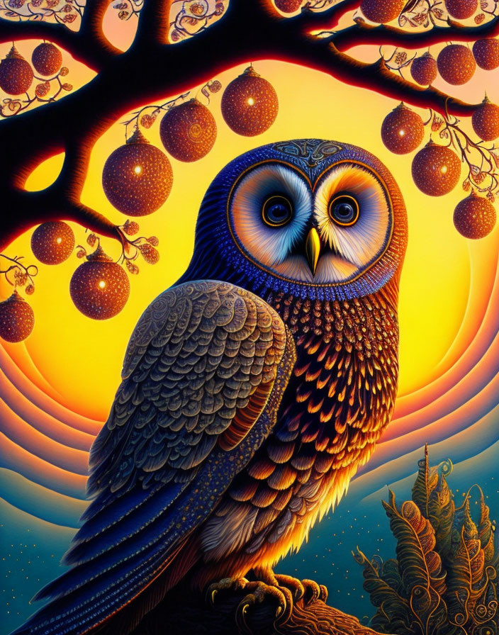 Detailed owl perched on branch with spherical patterns in vibrant artwork.