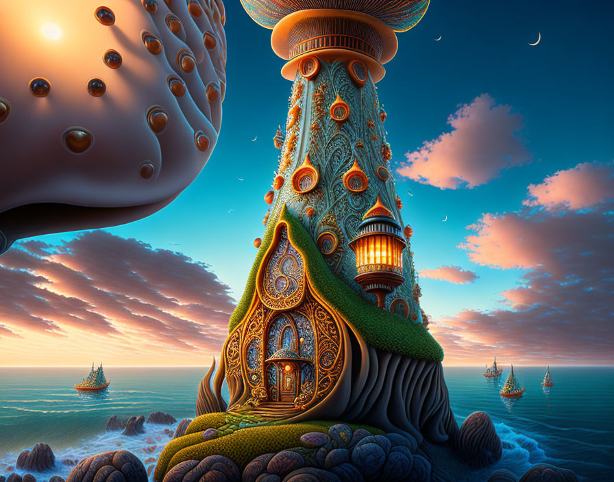 Surreal floating islands with ornate building and sailing ships