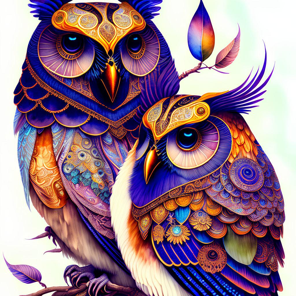 Colorful, detailed owls with intricate feathers on white background