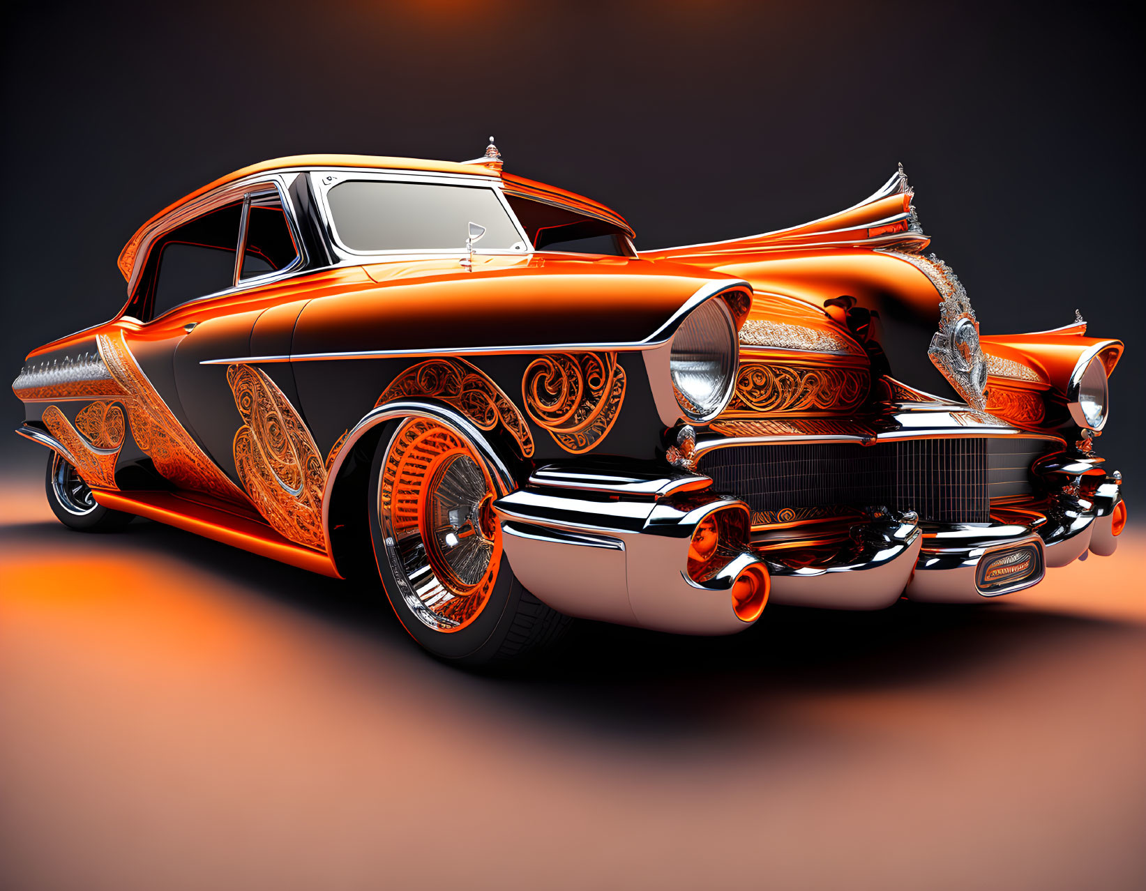 Vintage Car with Elaborate Orange Patterns and Chrome Details