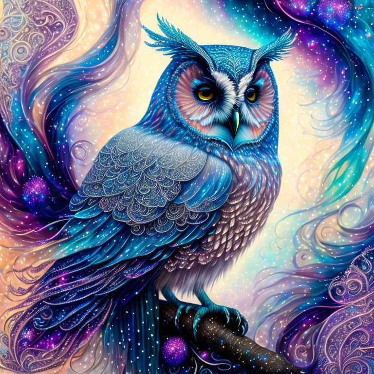 Colorful Owl Illustration with Cosmic Background