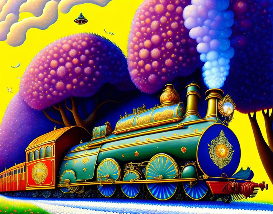 Fantasy-style painting of decorated steam train in whimsical landscape