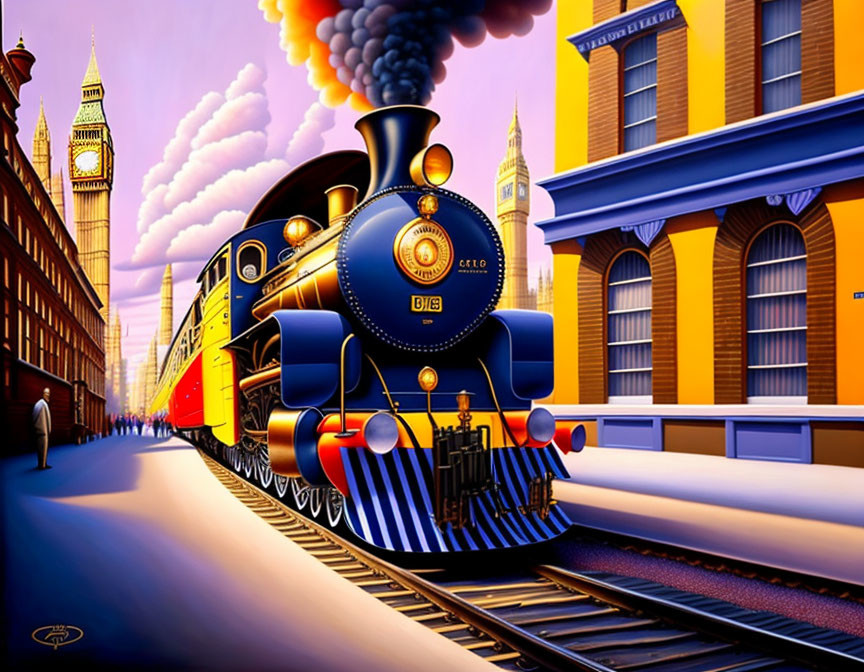 Blue vintage steam locomotive on railroad tracks near yellow buildings with Big Ben.