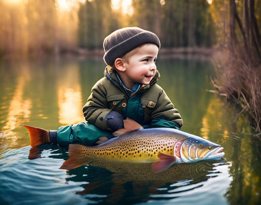 Child in warm clothing riding large fish in serene woodland pond