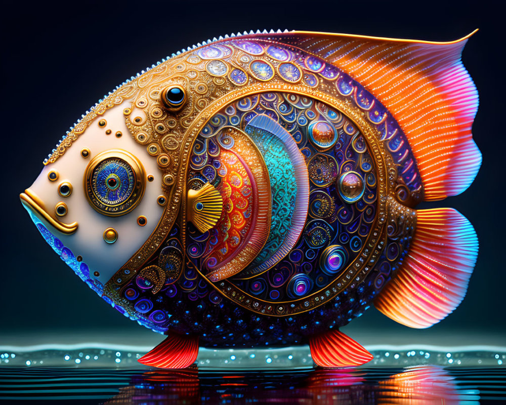 Vibrant ornate fish with intricate patterns on dark background