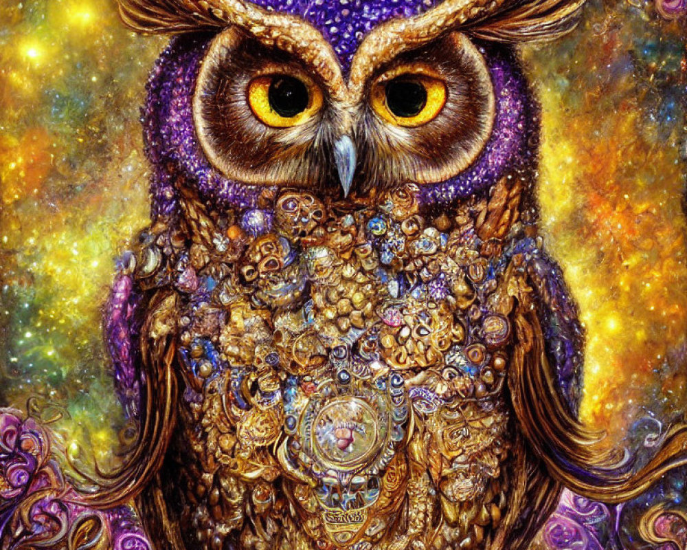 Colorful Owl Painting with Purple and Gold Hues and Cosmic Patterns