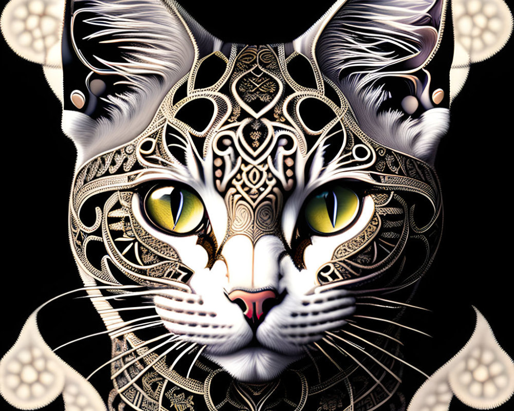 Detailed Cat Face Illustration with Yellow Eyes and Symmetrical Designs