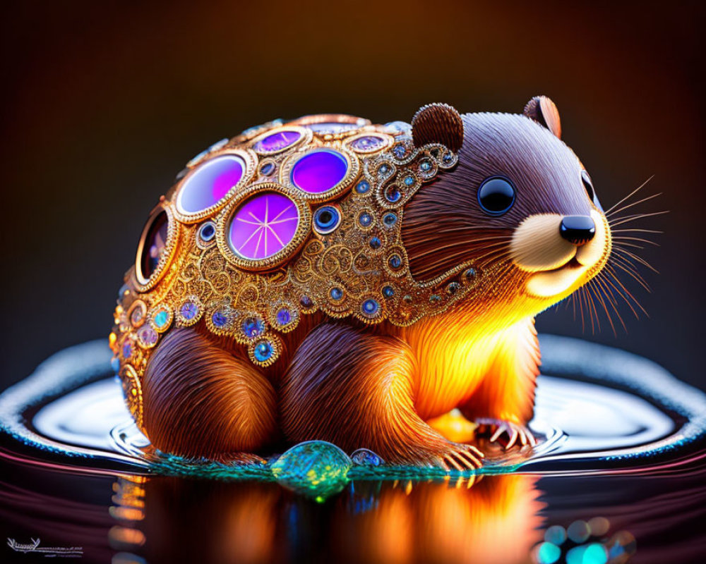 Intricate gem-encrusted beaver sculpture with gold detailing on dark background.