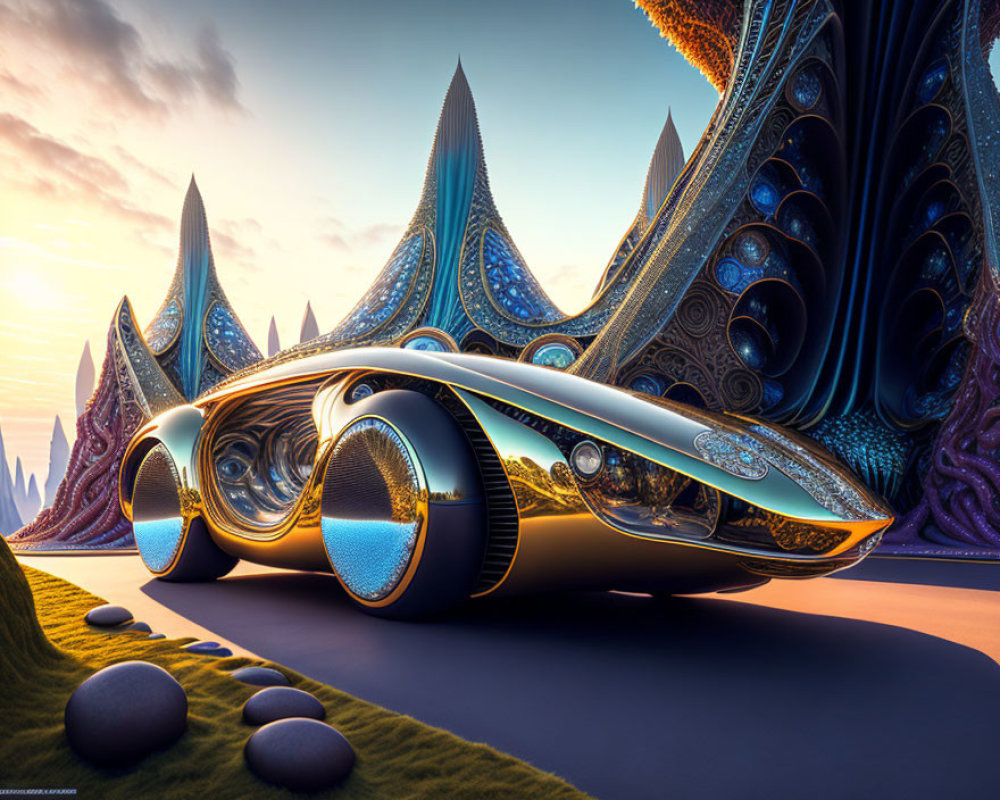 Futuristic vehicle with sleek curves and elaborate patterns in surreal landscape