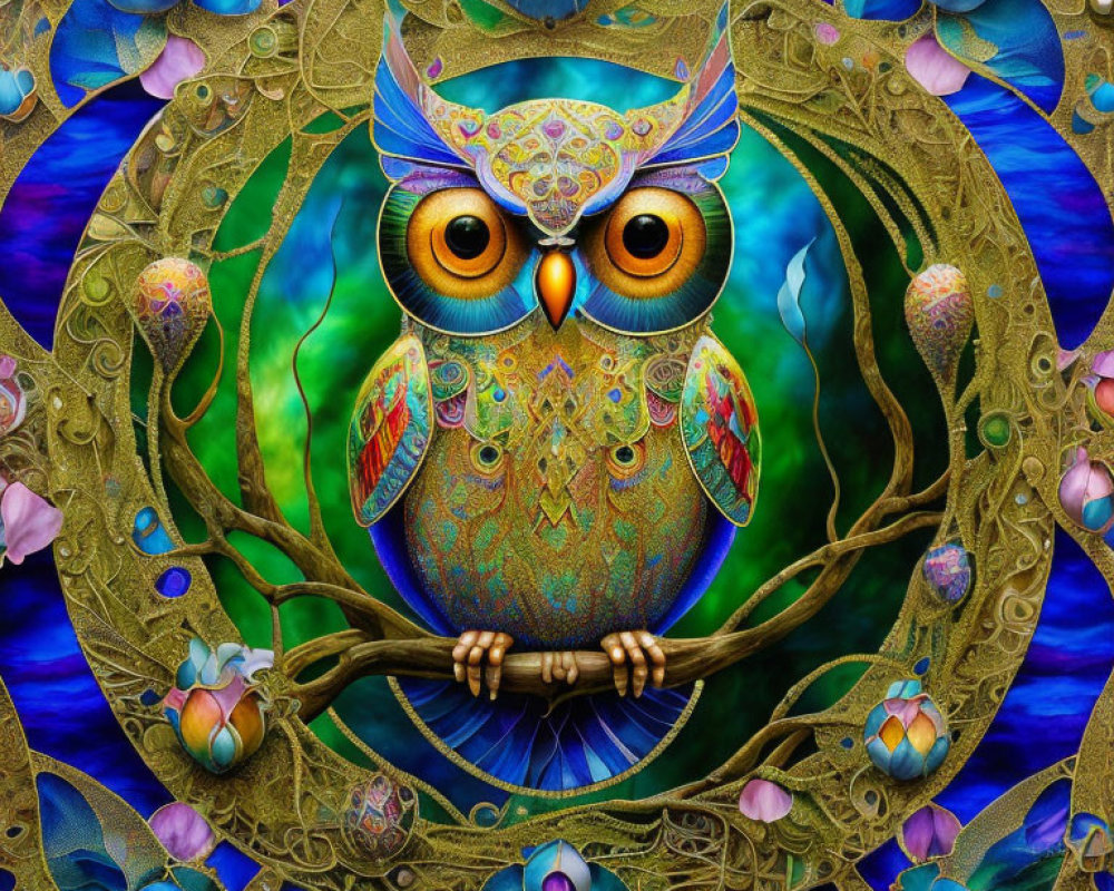 Colorful Owl Artwork with Nature-inspired Designs