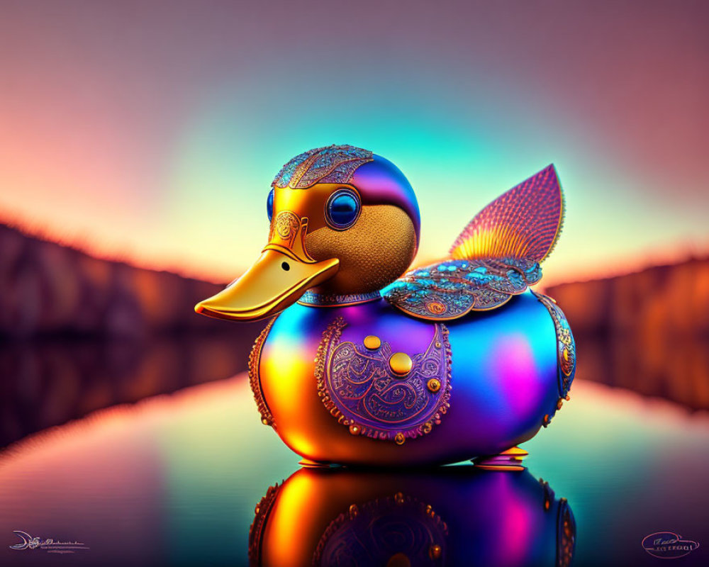 Colorful ornate rubber duck with metallic sheen in sunset reflection