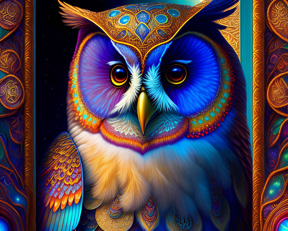 Colorful Owl Illustration with Intricate Patterns on Dark Background