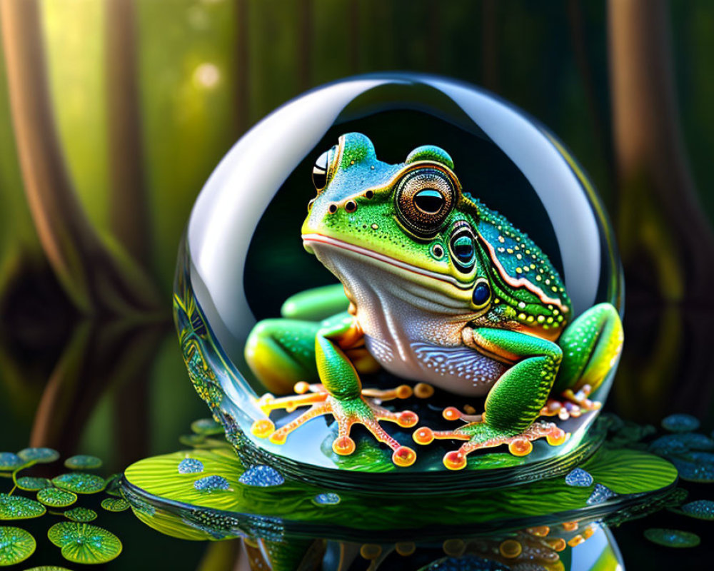 Colorful Frog on Leaf with Water Droplets in Surreal Circular Pattern