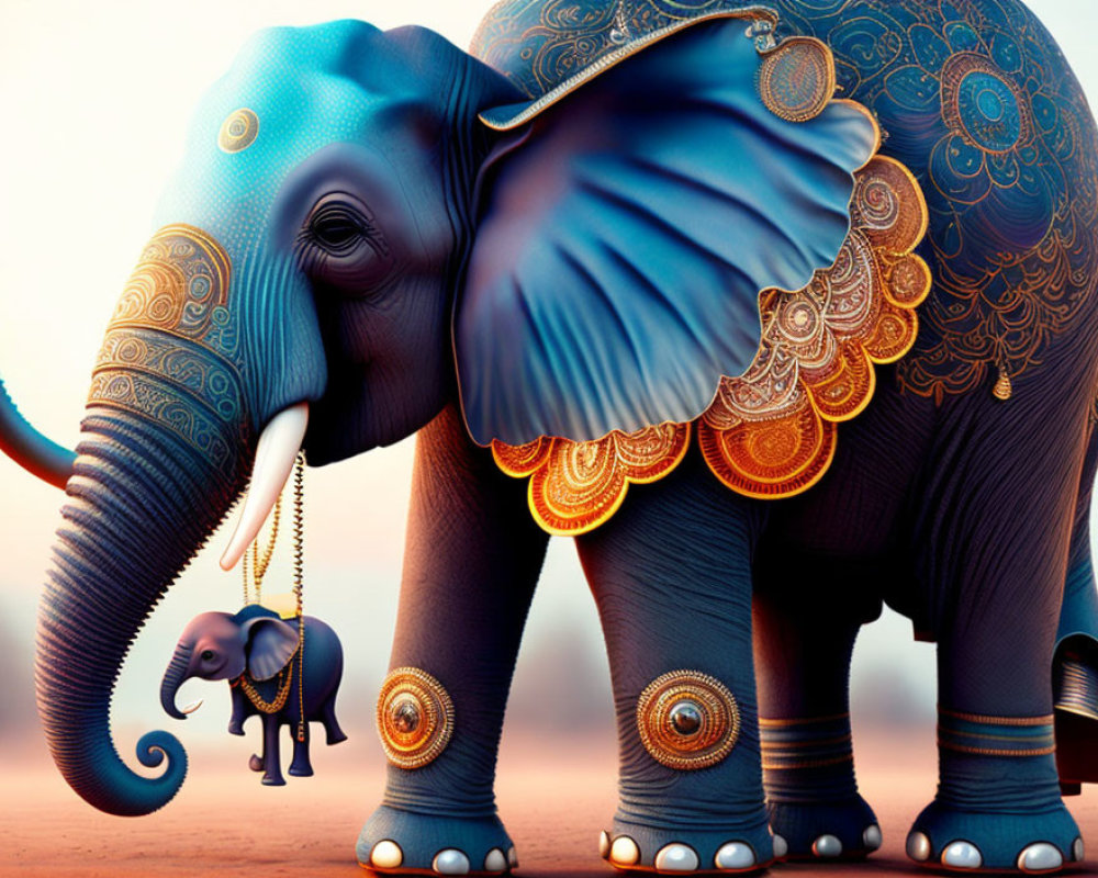 Ornate digital artwork featuring large and small elephants with intricate designs