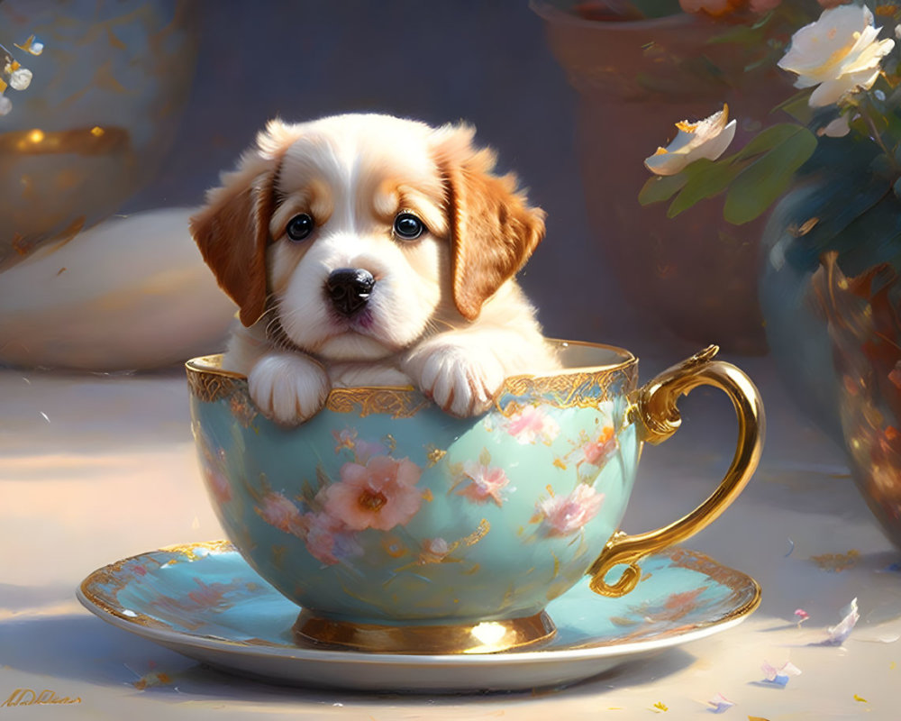 Brown and White Fur Puppy in Floral Teacup and Saucer Scene