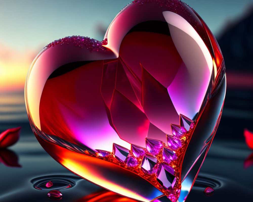 3D-rendered broken glass heart with sunset reflection on water