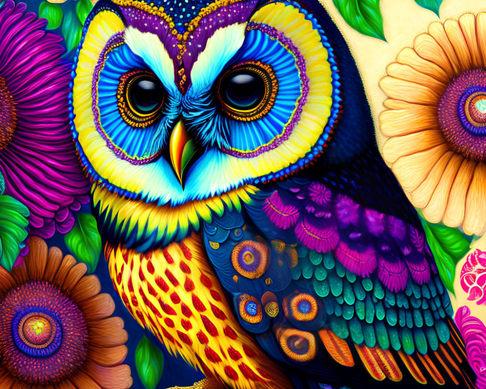 Colorful Owl Illustration with Psychedelic Patterns and Flowers