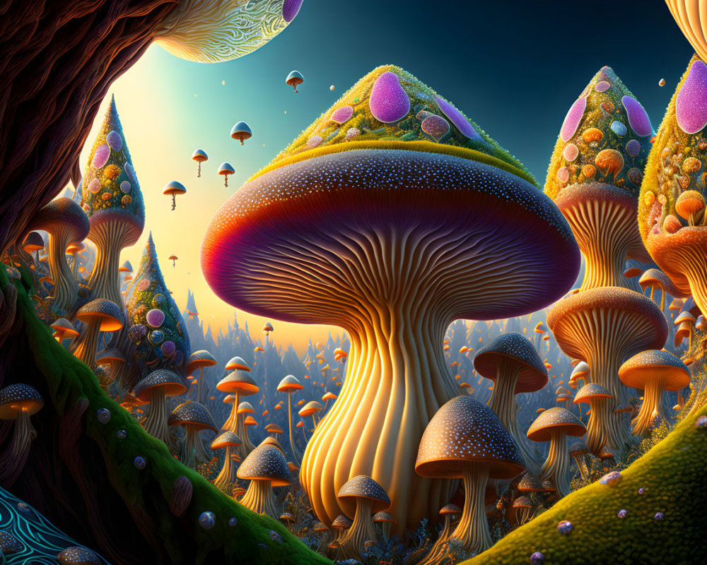 Colorful oversized mushrooms in fantastical landscape under twilight sky