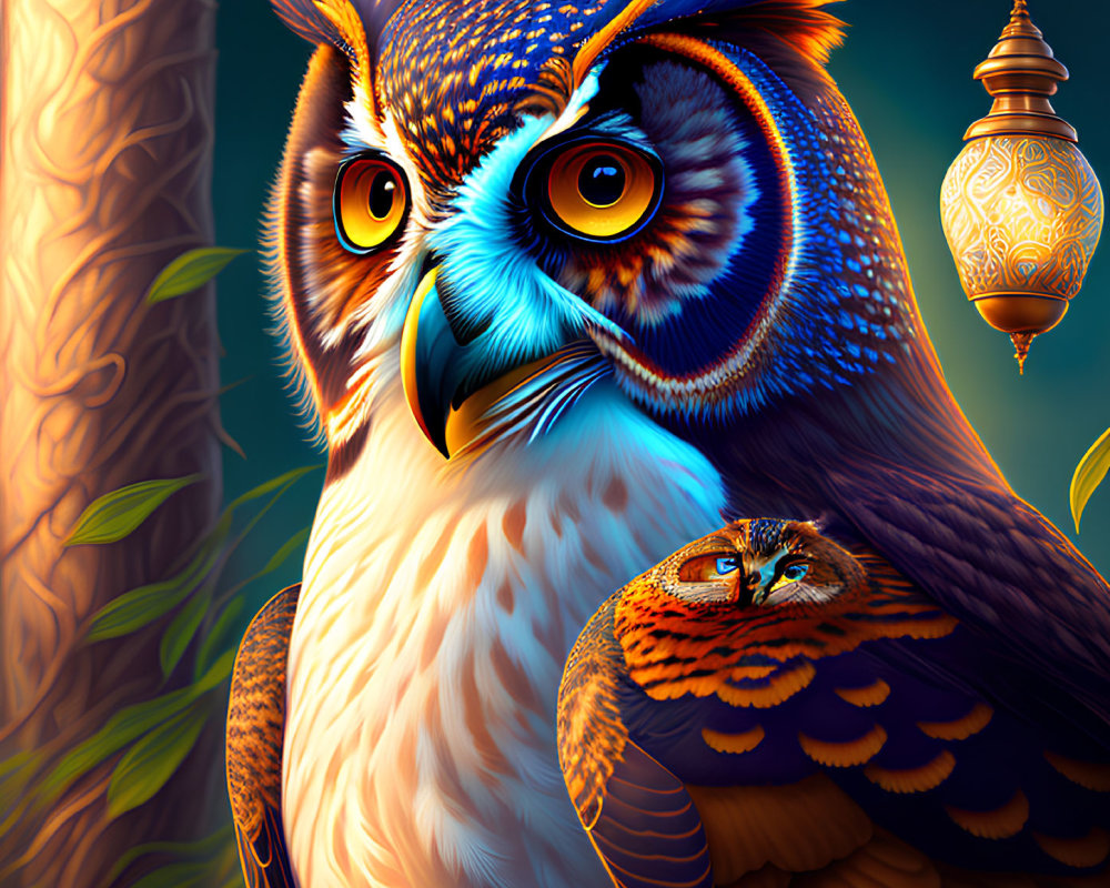 Detailed Owl Illustration with Intricate Feather Patterns and Miniature Companion Owl