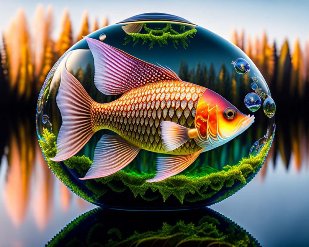 Colorful digital artwork: Golden fish in orb with forest and lake reflections at sunset