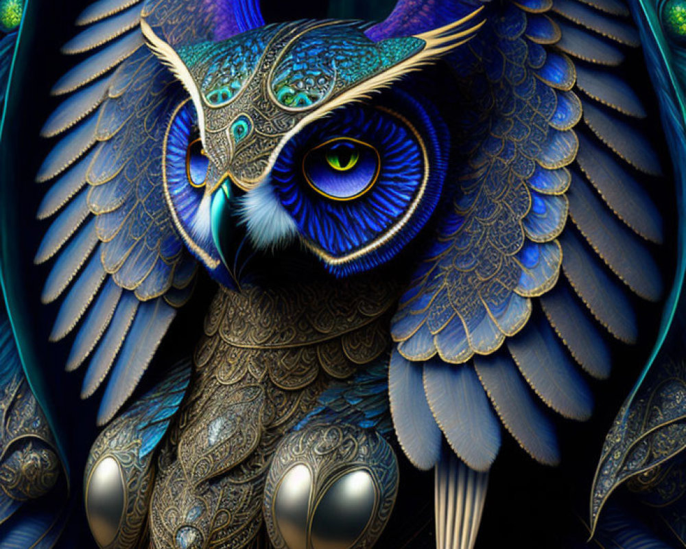 Stylized owl with metallic blue feathers and ornate gold headgear