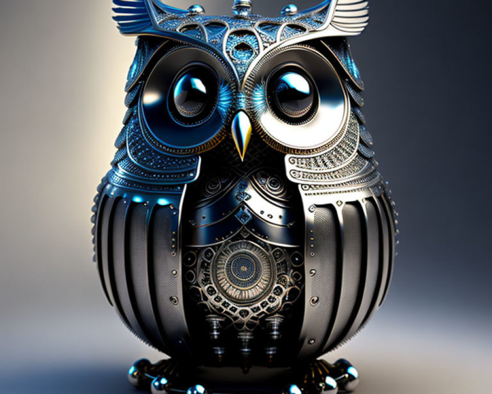 Steampunk owl with glowing blue accents on neutral background