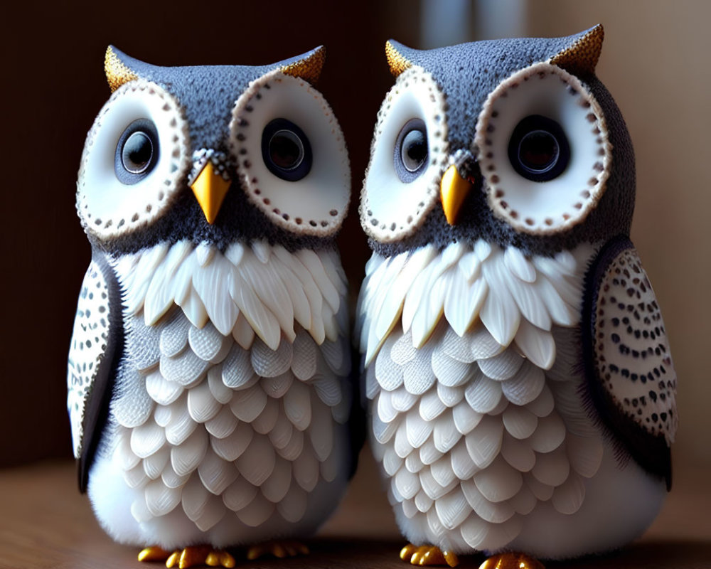 Pair of owl figurines with large eyes and detailed feathers on wooden surface