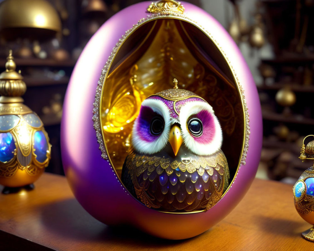 Luxurious Purple and Gold Egg with Detailed Owl Figurine among Ornate Eggs