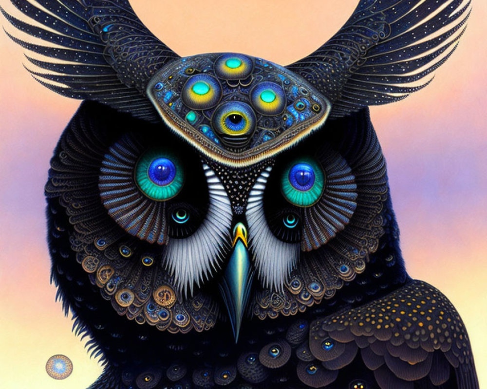 Vibrant Owl Illustration with Blue and Green Eye-like Spots