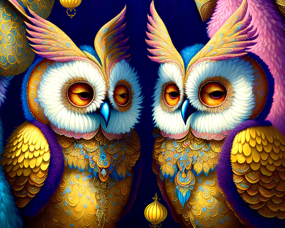 Colorful ornate owls with large eyes on dark blue background