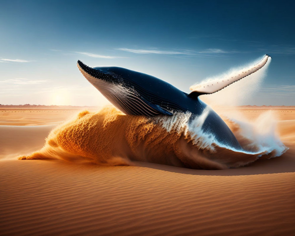 Whale diving through desert landscape with sand dunes