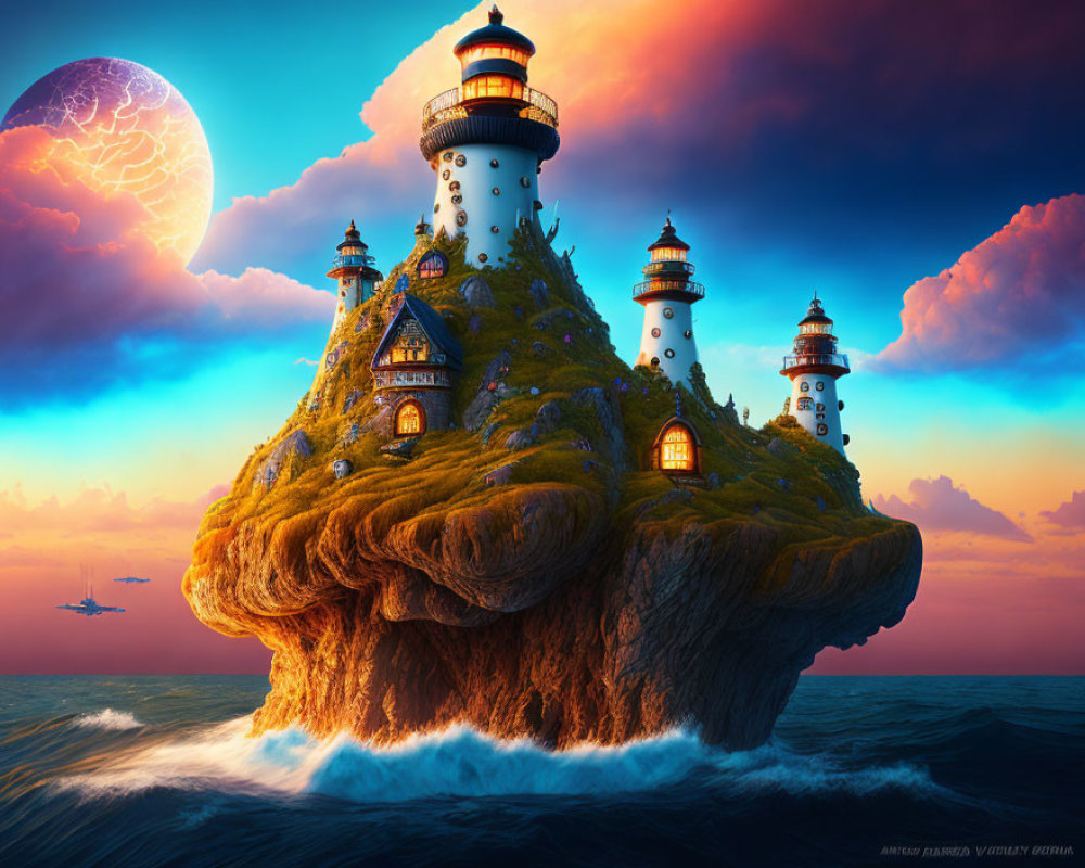 Lush island with houses, lighthouses, and moonlit sky over tranquil ocean