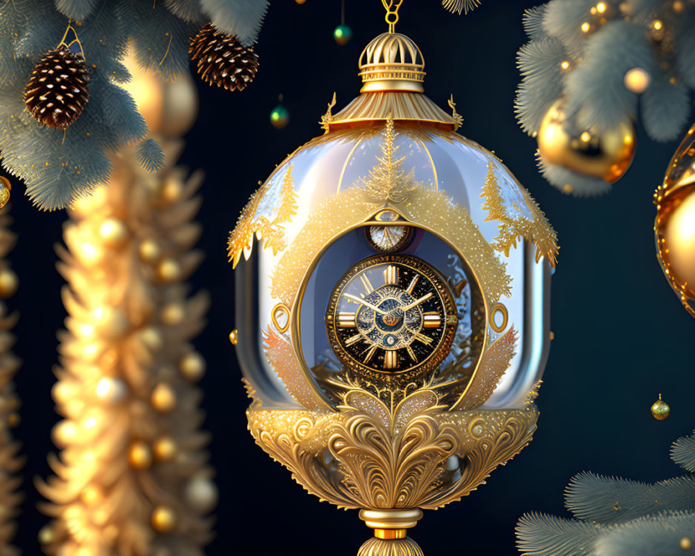 Golden Clock in Transparent Christmas Ornament with Pine Branches