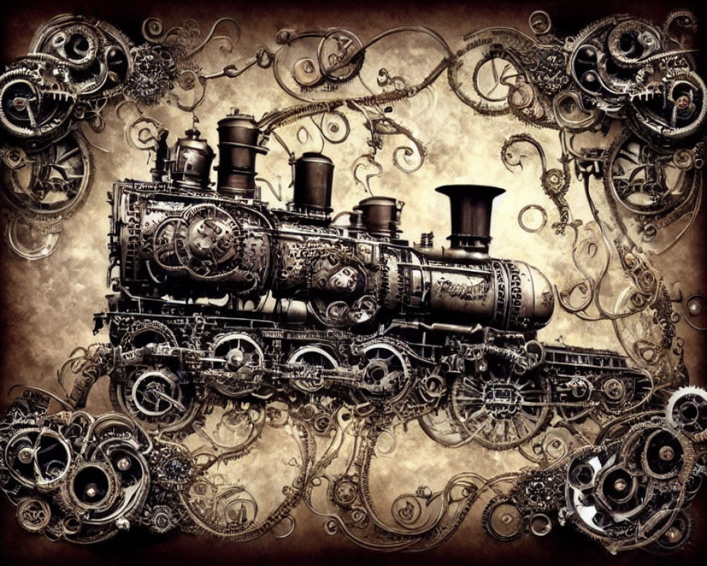 Detailed Steampunk-Style Locomotive Illustration on Aged Parchment