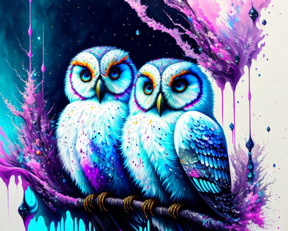 Colorful Stylized Owls Perched on Branch with Abstract Background