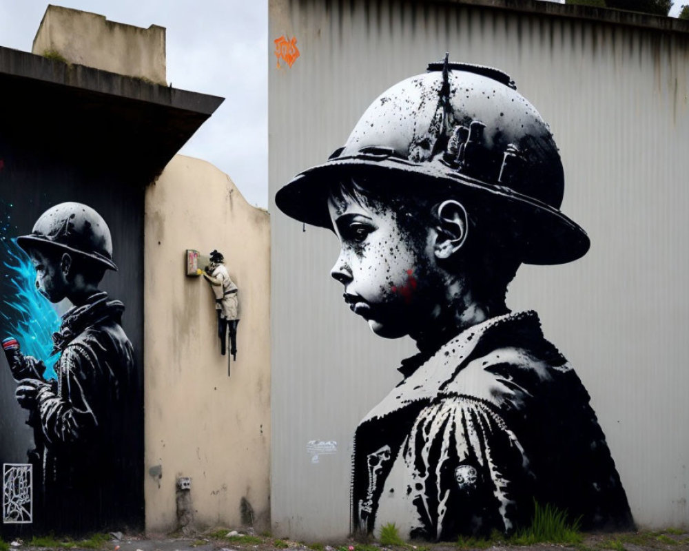 Child in soldier's helmet with butterfly in vibrant mural.