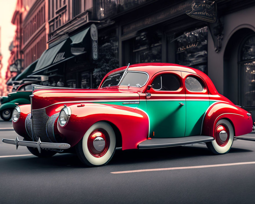 Classic Two-Toned Car with White-Wall Tires on City Street