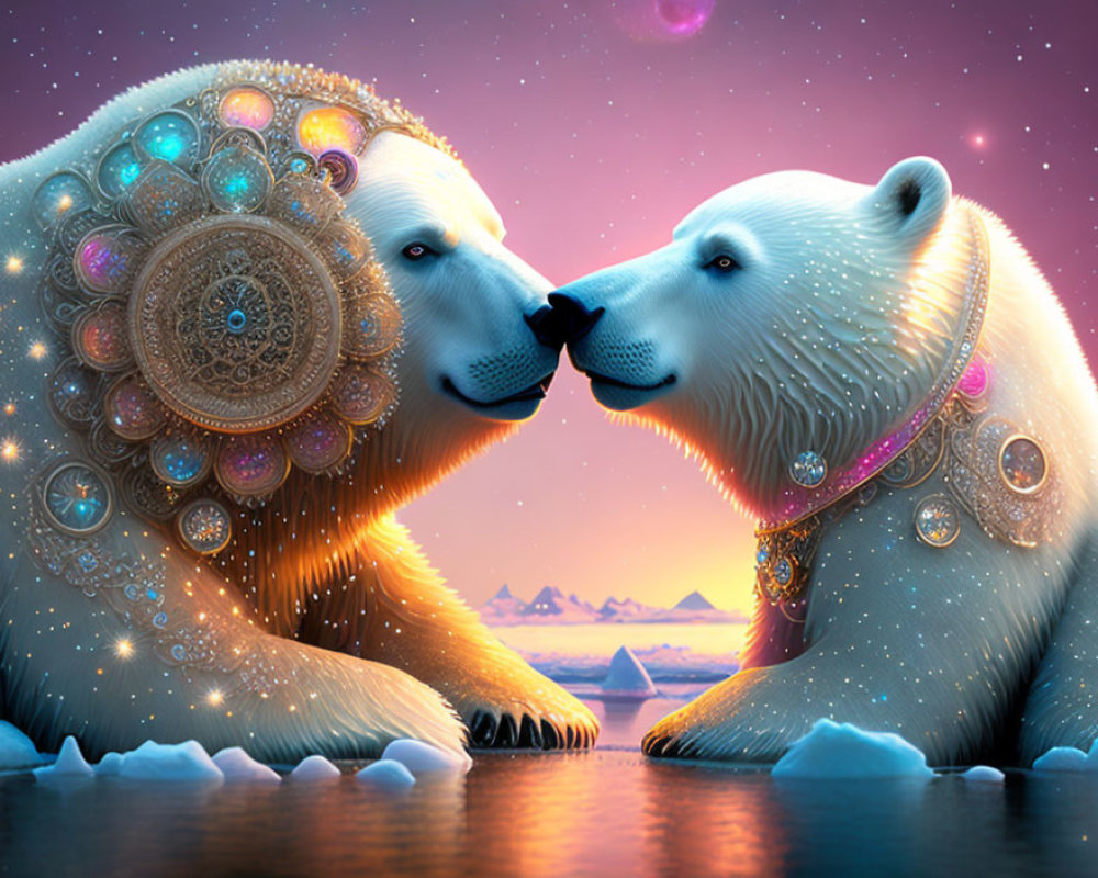 Ornately decorated polar bears touching noses in twilight arctic scene