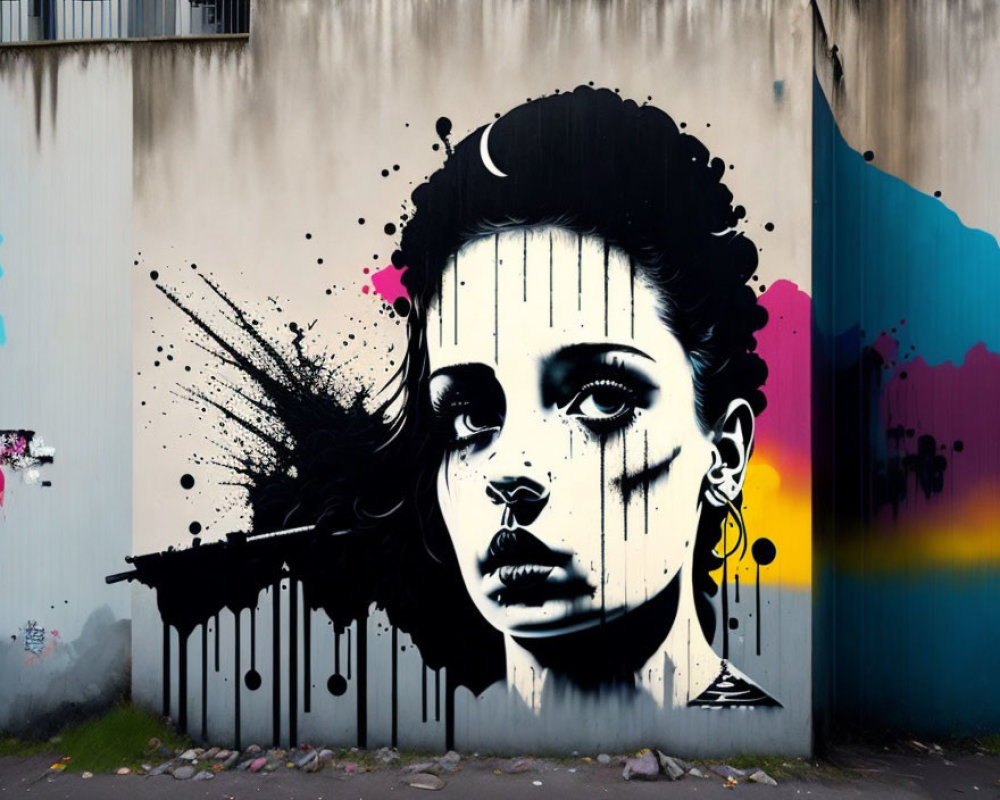 Monochromatic stencil-style graffiti of a woman's face with expressive eyes surrounded by colorful paint splatters