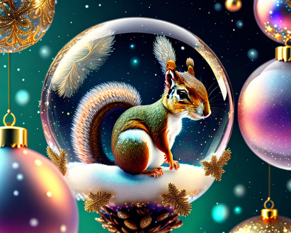 Festive digital artwork: Squirrel in Christmas ornament surrounded by baubles & feathers