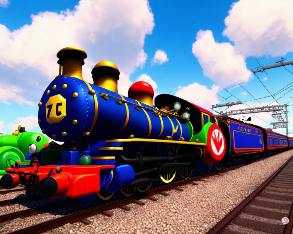 Vibrant animated trains on tracks under sunny sky