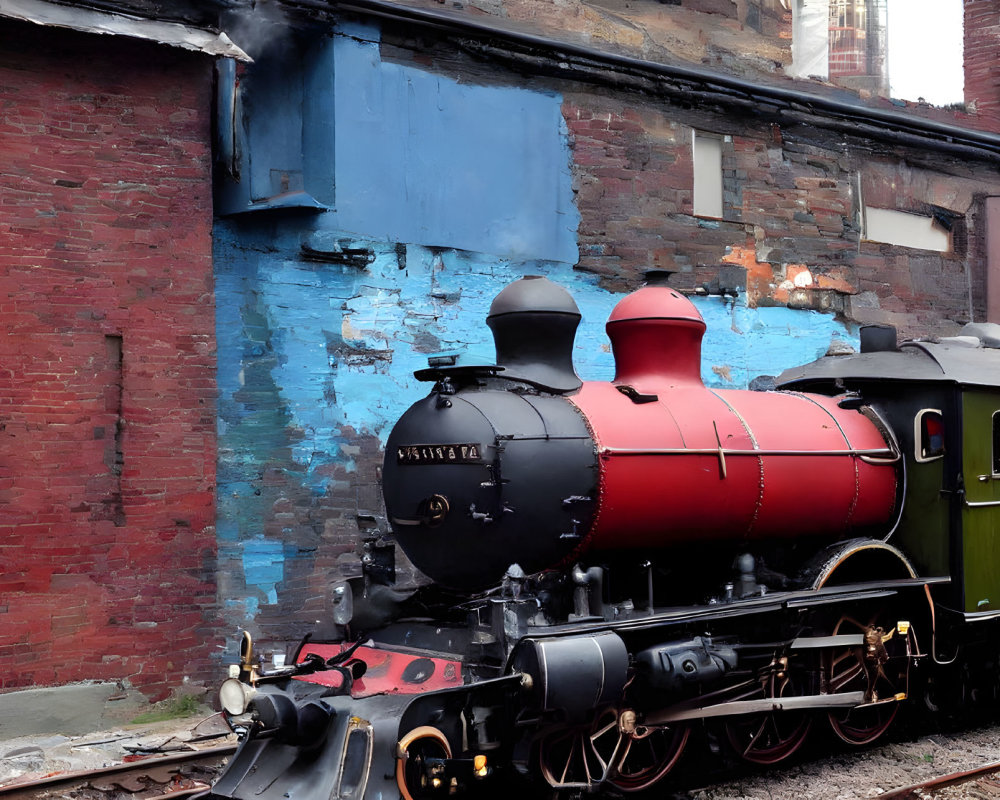 Vintage Red Steam Locomotive Number 1054 Parked Beside Peeling Blue Building