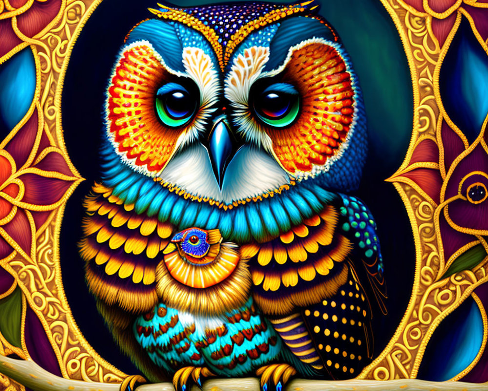 Colorful Owl Artwork with Intricate Patterns and Floral Background